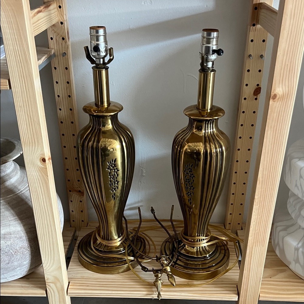 Polished Gold Brass Table Lamp Pair - Shiny Gold Finish